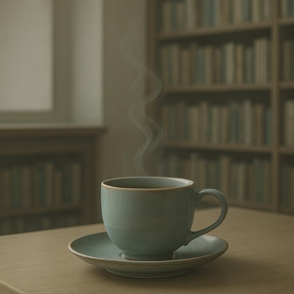 "A small pale blue ceramic mug on a matching saucer, emitting a wisp of steam."