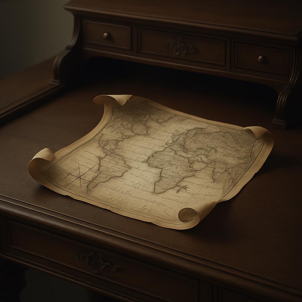 A rolled-up, aged-looking map on a dark wood desk, suggesting an old or mysterious document.