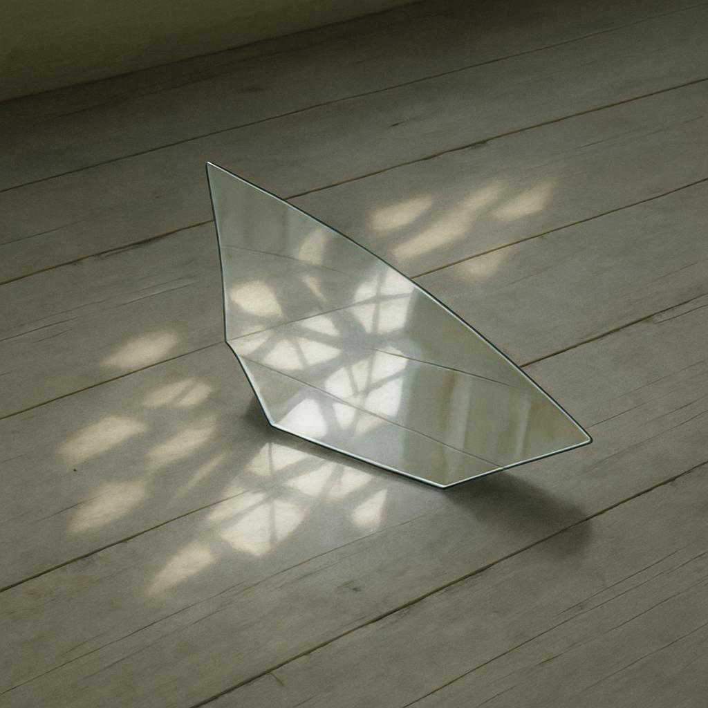 alt text: "A broken mirror on a floor."