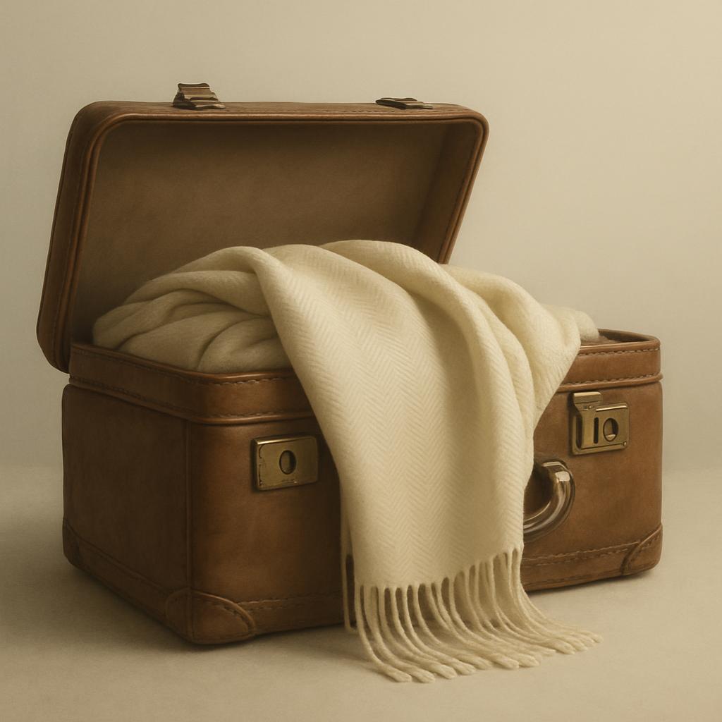 A brown leather suitcase with its lid propped open, nestled contains an off-white woolen blanket with fringe, displayed on...